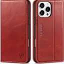 SHIELDON Case for iPhone 16 Pro Max 2024, Genuine Leather Foldable Wallet Case, Kickstand, RFID Blocking Credit Card Slots, Magnetic Protective Case Compatible with iPhone 16 Pro Max 6.9" - Retro Red
