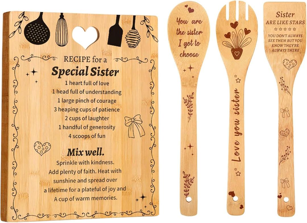Sister Birthday Gifts "Recipe for a Special Sister" Bamboo Cutting Board Set with Engraved Unique Sister Christmas Gifts,Friendship Gifts for Women,Best Friend or Soul Sister Gift