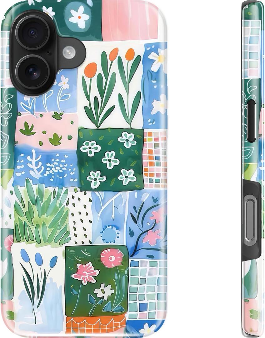 DEENAKIN for iPhone 16 Case - Wireless Charging Compatible - Dual-Layer Hard Shell & Silicone Cover - Protective Phone Case with Trendy Cute Designs for Women - Watercolor Floral Patch