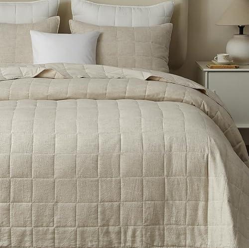 Powdion French Linen Quilt Queen Size, 3PCS Pre-Washed Stitch Coverlet Set | Oversized European vintage bedspread, 100% linen front & cotton back, All-Season Ultra Soft Bedding with 2 20x26 Pillow Shams