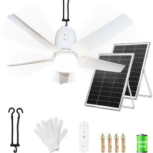 SHUNLEE Solar Outdoor Ceiling Fan Light 31.5'', 60W Solar Powered Portable Gazebo Fan With Remote and Hook, 3000K-6000K LED, 40000mAh Large Hanging Canopy Fan (31.5 inch)