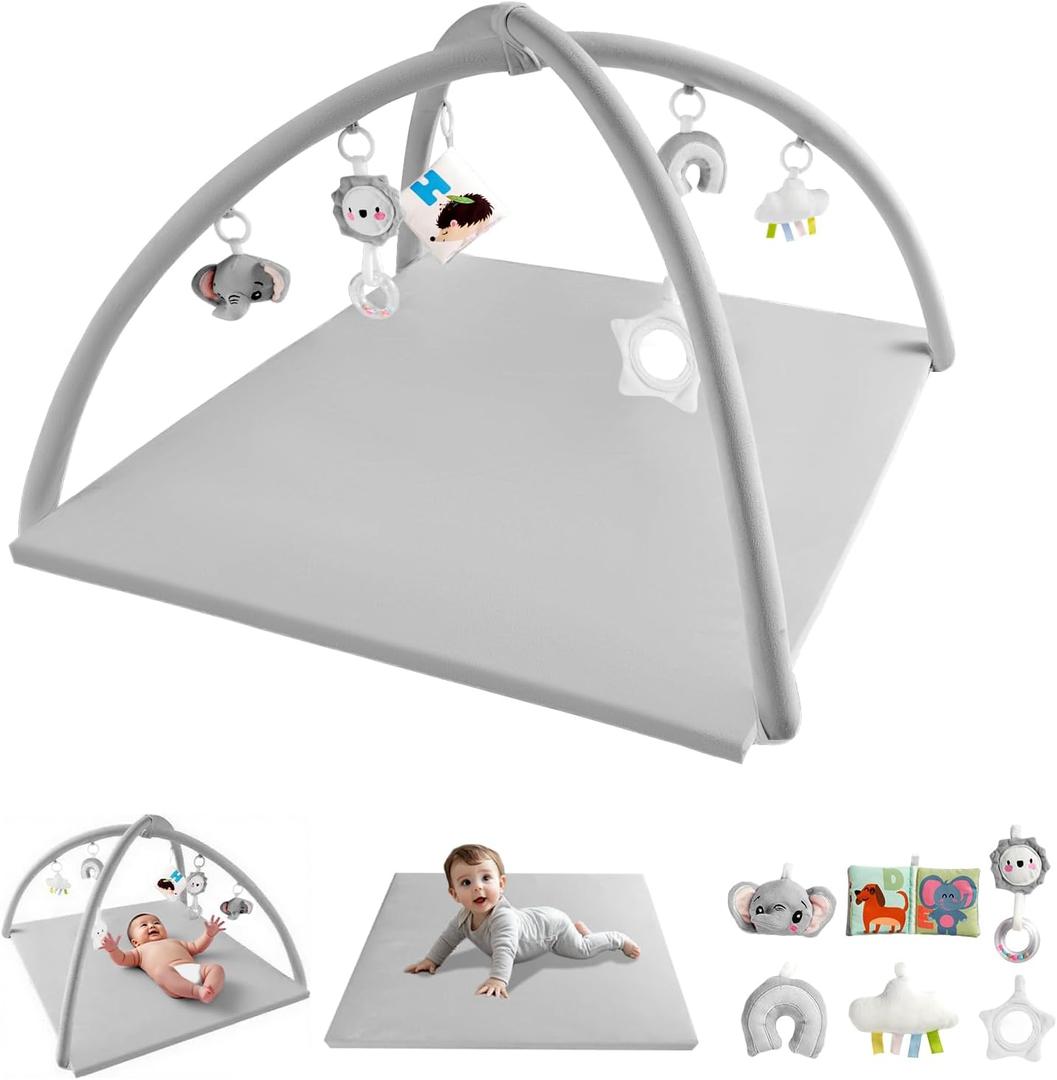 Baby Play Gym with Soft Foam Mat  Removable & Machine Washable Cover, Velvet Tummy Time Mat with 6 Sensory Toys, Non-Slip Activity Mat for Infant Development, Newborn Essentials Gift, Grey