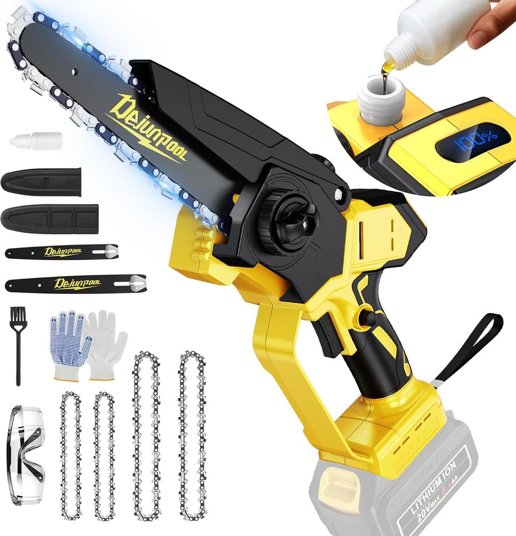 Cordless Mini Chainsaw Compatible with Dewalt 20V MAX Battery (NO Battery), 6 Inch & 8 Inch Small Electric Chainsaw Brushless, 2 x 6'' Chains + 2 x 8'' Chains, Auto Oiler, Handheld Pruning Chain Saw (Yellw Black)