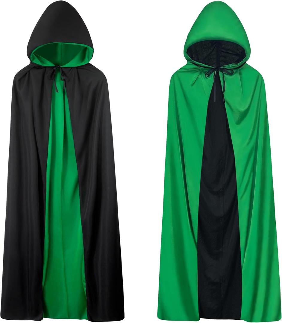 Unisex Vampire Witch Hooded Capes,Women's Halloween Costumes Reversible Cloak,Cosplay Masquerade Party Robes (L/59 inches for Adults, Green + Black)