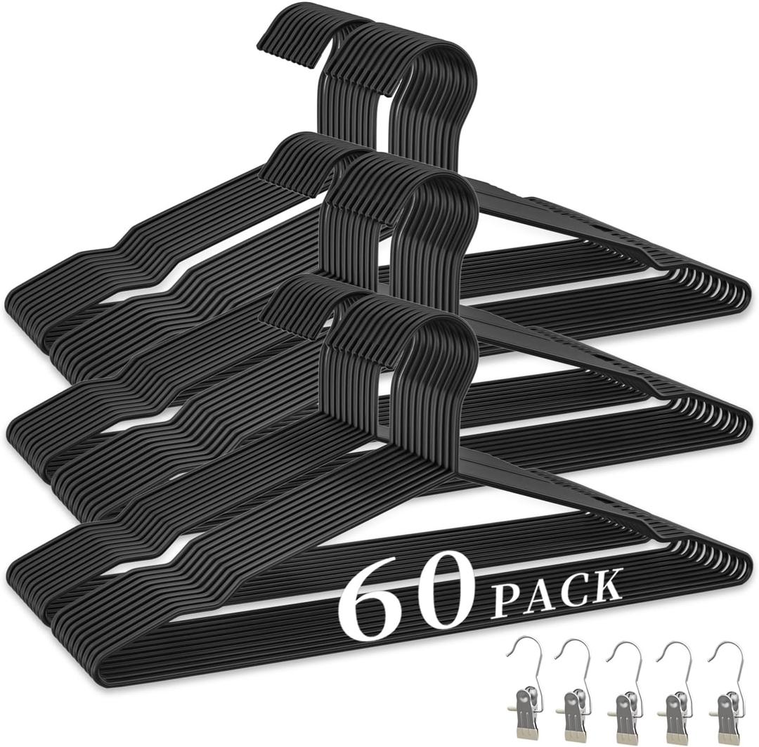 60Pack Metal Wire Hangers+5 Clothes Pins, 16.5" Wire Clothes Hangers for Standard Sized Shirt, Suits, Jackets, Skirts, Ultra Thin Space Saving, Bulk for Home and Commercial (Black)