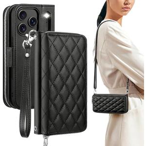 OCASE for iPhone 17 Pro Max Crossbody Wallet Case - Stylish PU Leather Handbag Phone Purse with Zipper Closure, Card Slots & RFID Blocking - Wrist Strap, Lanyard, Kickstand - Diamond Check Black