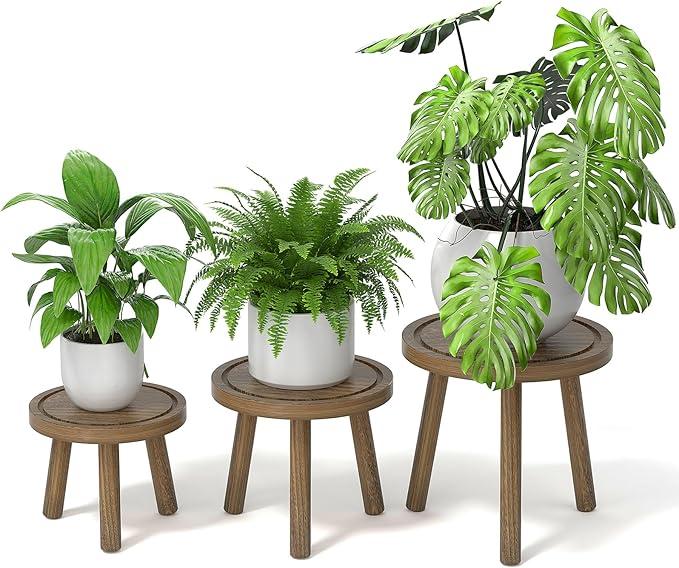 3-Pack Wood Plant Stands Indoor, Single Plant Stand for 6-12 Inch Pots, Mid-Century Modern Plant Stool, Tall Plant Stand for Large Plants for Living Room, Balcony, Office (Dark Gray)
