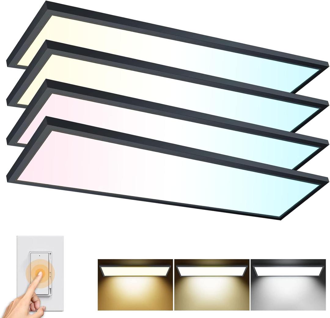 AIKVSXER 4PACK 1x4 LED Flat Panel Light Surface Mount LED Ceiling Light, 5500LM 50W TRIAC 10-100% Dimmable, AC120V, 3000/4000/5000k Selectable 4FT Light Fixtures for Garage Black