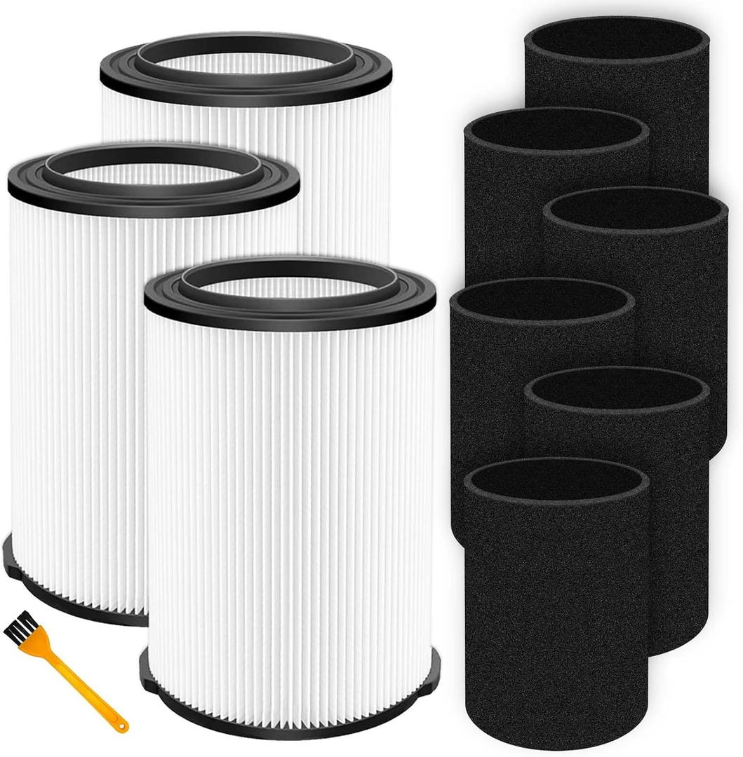 VF4000 Filter Replacement for Ridgid Shop Vac Filters 5-20 Gallon Ridgid Vacuum Filter and 6-9 Gallon Husky Vacuum, 3 Pack Vacuum Filters with 6 Pack Foam Sleeve and 1 Cleaning Brush