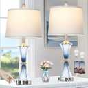 Blue Glass Table Lamp Set of 2 with USB C+A Ports & AC Outlet, Bedside Lamp, Modern Bedroom Lamps, Coastal Lamp for Night Stands Bedroom Living Room,Nightstand Lamp LED Bulbs Included