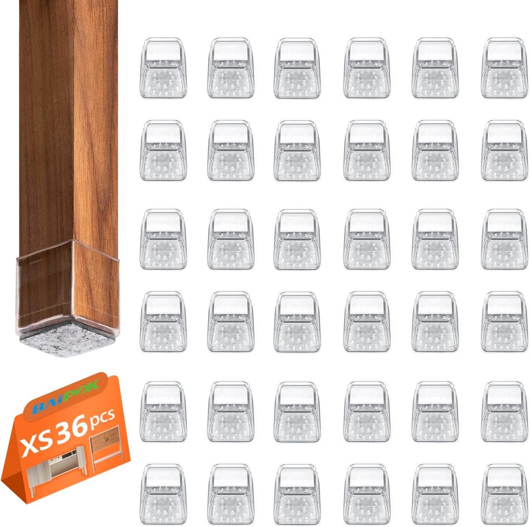 36pcs Square Chair Leg Floor Protectors, Felt Furniture Pads for Hardwood Floors, Silicone Chair Leg Covers to Protect Wood Tile Floors, Floor Protectors for Chairs, Not Fall Off, Clear, X-Small (Square XS(0.67''-0.87''))