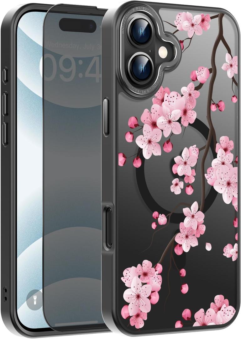 FUNMIKO for iPhone 16 Plus Case with Privacy Screen Protector, Wireless Charging Compatible, Shockproof Translucent Matte Cover - Cute Floral Design Phone Case for Women Girls - Blooming Cherry