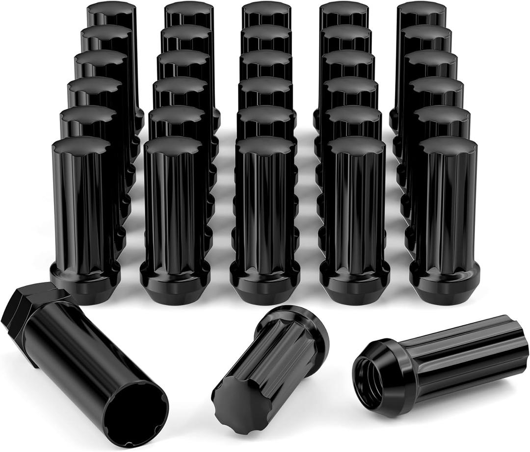 M14x1.5 Wheel Lug Nuts, 32pcs Black 14mmx1.5 Spline Lug Nut 2 Inch Tall with 1 Socket Key Compatible for Silverado Suburban Express Sierra Ram 2500 3500 F250 F350 8 Lug Aftermarket Wheels