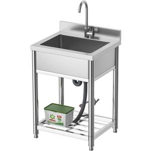 Stainless Steel Commercial Kitchen Sink, Free Standing, Single Bowl Sink Basin with Cold & Hot Water Faucet, Indoor and Outdoor Sink, 21.7 in