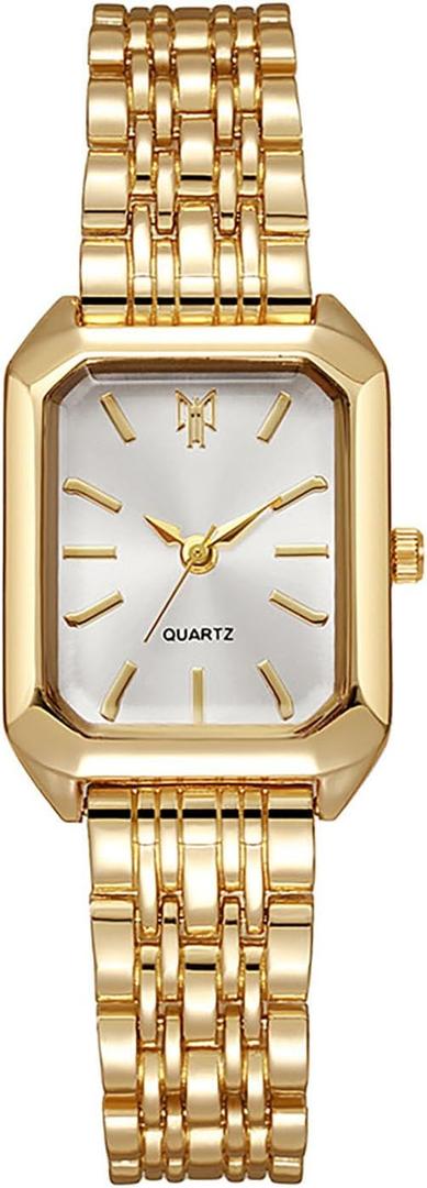 BESTKANG Watches for Women Wrist Watches Steel Strap Womens Watch Casual Fashion Simple Square Quartz Wristwatch (Gold-white)