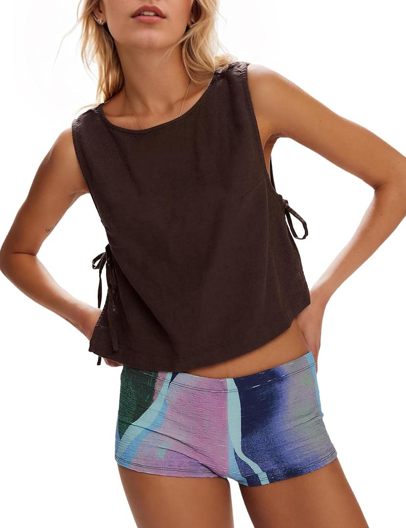 Crew Neck Crop Tank Tops for Women Loose Split Tie Side Sleeveless Cotton Linen Tops Summer Boxy Cropped Vest Tops (Red, L)