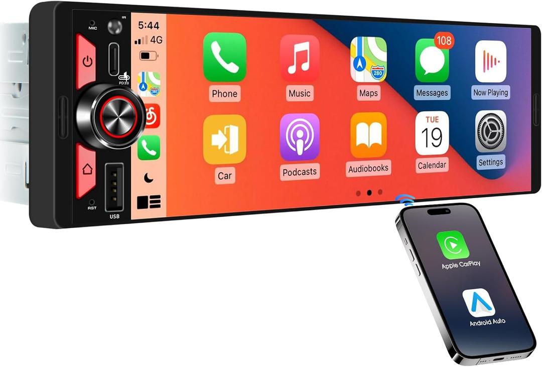 Single Din Car Stereo CarPlay - Wireless Android Auto Radio Receiver for Truck - 6.5 Inch Incell Touchscreen Bluetooth Dual Subwoofer 4.2-CHN Outputs PD3.0 Type-C Fast Charge USB SWC