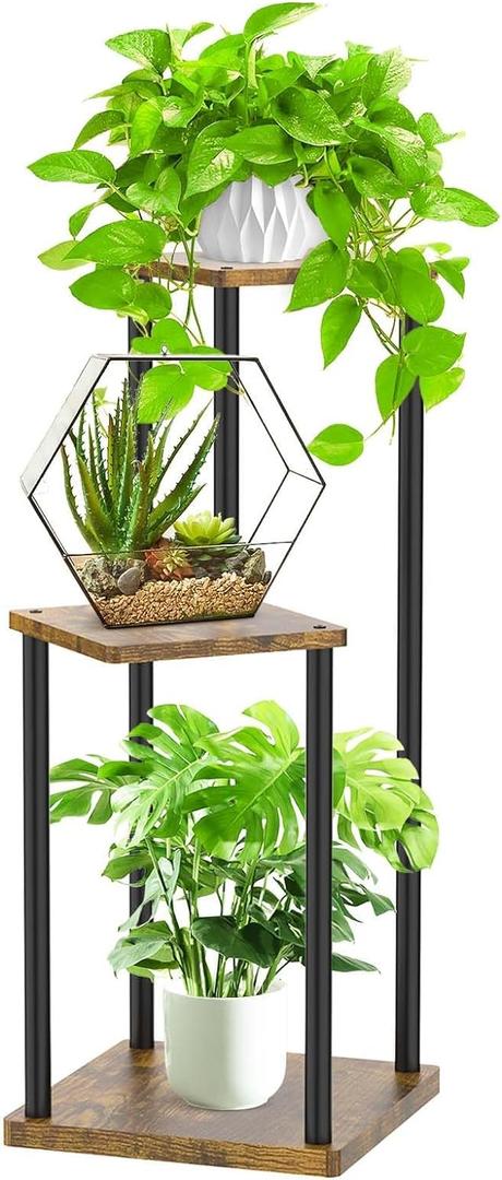3 Tier Plant Stand Indoor, Metal Wood Tiered Corner Plant Stands Pot Holder, Wood Flower Shelf Orchid Display Rack for Living Room Bedroom Outdoor Balcony Garden Patio, Black (Black+Rustic Brown)