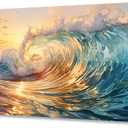 KUNHAAH Wall Art Canvas Painting Big Waves in the Sea 1 Piece Ocean Sunset Huge Waves Nature Picture Poster Print Framed and Stretched Ready to Hang for Living Room Bedroom Artework (58"L x 29"W, Golden)