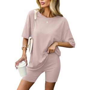 Ekouaer Women 2 Piece Lounge Sets Moisture Wicking Summer Outfits 2026 Oversized T-Shirt and Biker Short Matching Sets (Beige, XL)