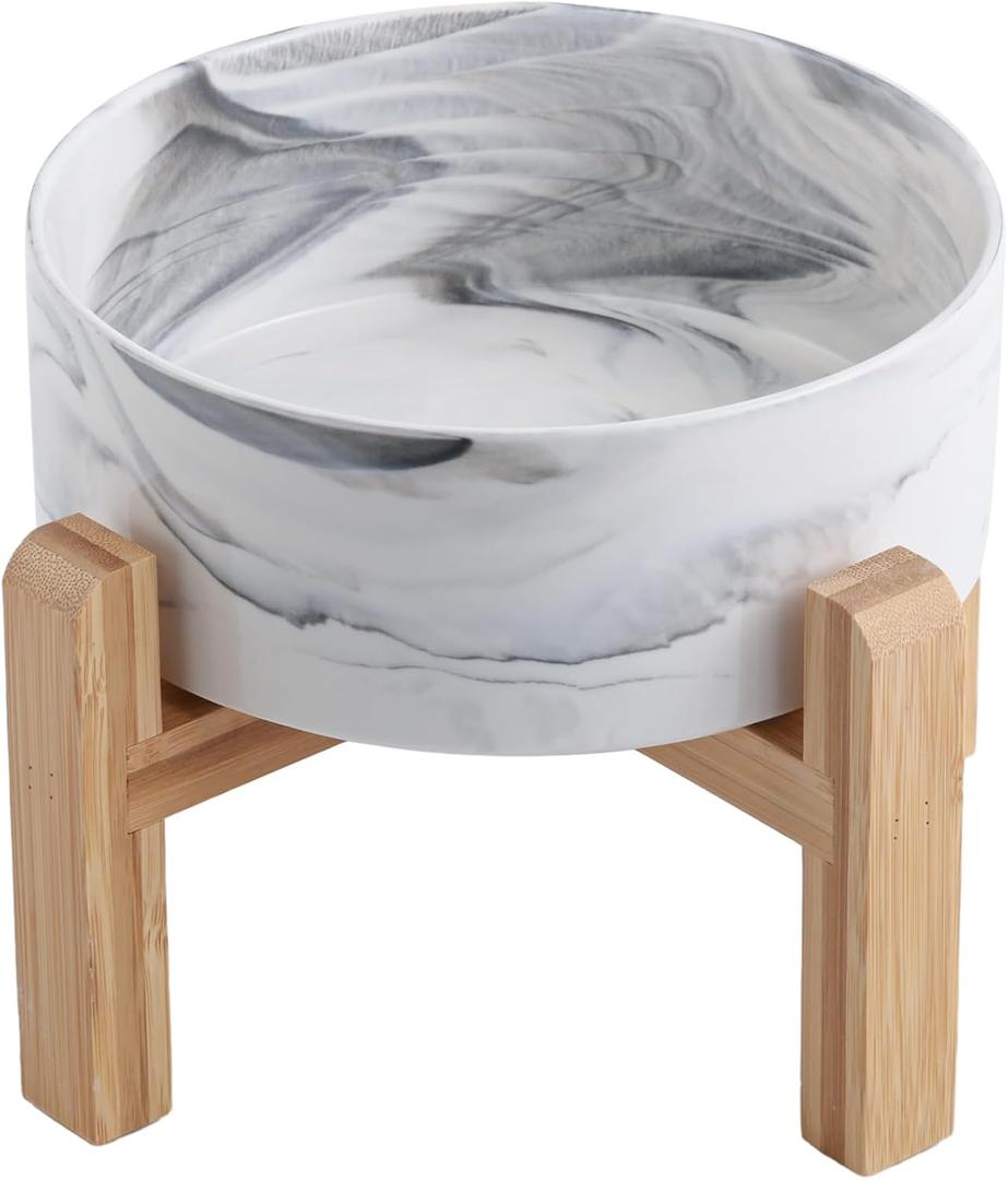 Raised/Elevated Ceramic Dog Bowl for Medium Large Sized Breeds,Large Dog Food Water Bowl with Stand,8 in Non Slip Heavy Weighted 1800ml/ 7.6 Cups/60 OZ Marble Grey