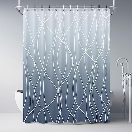 Punkray Ombre Blue Shower Curtain for Bathroom with Hooks, White Shower Curtain Set, Stripe Bath Curtains Decorative Shower Curtains Water Repellent Washable, 72 x 84
