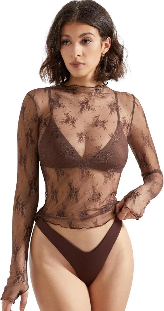 SUUKSESS Women Sexy Mesh Sheer Long Sleeve Tops Mock Neck Going Out Lace Shirts (Large, Chocolate)
