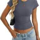 EasyGala Womens Cotton Crop T Shirts Basic Crew Neck Tee Fitted Going Out Tops Summer Cute Gym Workout Clothes 2026 (Gray, L)