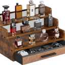 Yuzehuaza 3 Tier Cologne Stand with Drawer, Wooden Cologne Organizer for Men/Women, Retro Perfume Stand Organizers, Display Riser Shelf Holder for Skincare and Makeup Organizers, Rustic Brown