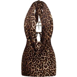 SOLY HUX Women's Leopard Halter Mini Dress Cheetah Print Deep V Neck Draped Sleeveless Ruched Bodycon Party Club Dresses (Black, XL)