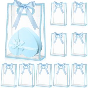 Aliceset 12 Pcs Clear Plastic Gift Bag with Die Cut Handles Reusable PP Favor Bag with Ribbon for Christmas Wedding Bridal Birthday Baby Shower Party Small Business, 7x10x3.15 Inch(Blue)