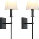 PERMO Set of 2 Classic Rustic Industrial Wall Sconce Lighting Fixture with Flared White Textile Lamp Shade and Black Tapered Column Stand, Hardwired, E26 Base