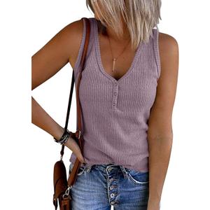 Women's V Neck Tank Tops Ribbed Sleeveless Henley Shirts Button Down T Shirts Slim Fit Tee Tops (Purple, XXL)