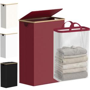 efluky Slim Laundry Basket with Lid, Narrow Laundry Hamper with Removable Bag, Skinny Dirty Clothes Basket with Bamboo Handles for Bathroom, Bedroom & Laundry Room, 75L Burgundy