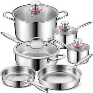 P&P CHEF 3-Ply Stainless Steel Pots and Pans Set, 10 Pcs Stainless Steel Cookware Sets for Kitchen, Induction Non-toxic Kitchen Cooking Set w/Fry Pans, Saucepans, Stockpot, Saute Pan