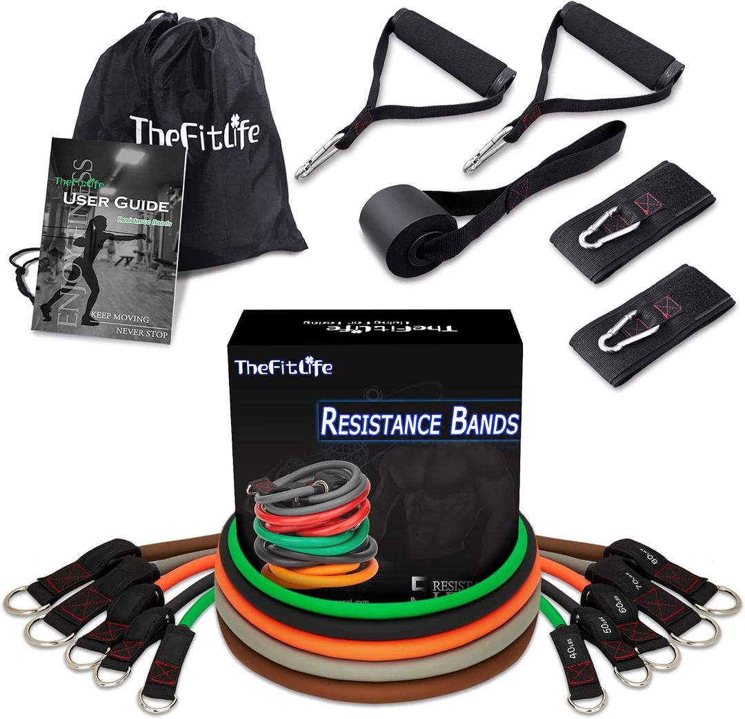 TheFitLife Exercise Resistance Bands with Handles - 5 Fitness Workout Bands Stackable up to 110/150/200/250/300 lbs, Training Tubes with Large Handles, Ankle Straps, Door Anchor