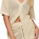 Saodimallsu Women's Crochet Swimsuit Coverup Sets Short Sleeve V Neck Button Tops Drawstring Shorts 2 Piece Beach Outfits (Large, Beige)