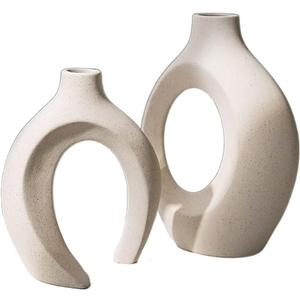 RHAIYAN 2Pcs/Set Nordic Ceramic White Matte Vase Unique Shape Design Hydroponic Dried Flower Ornament Living Room Porch Desktop Specific