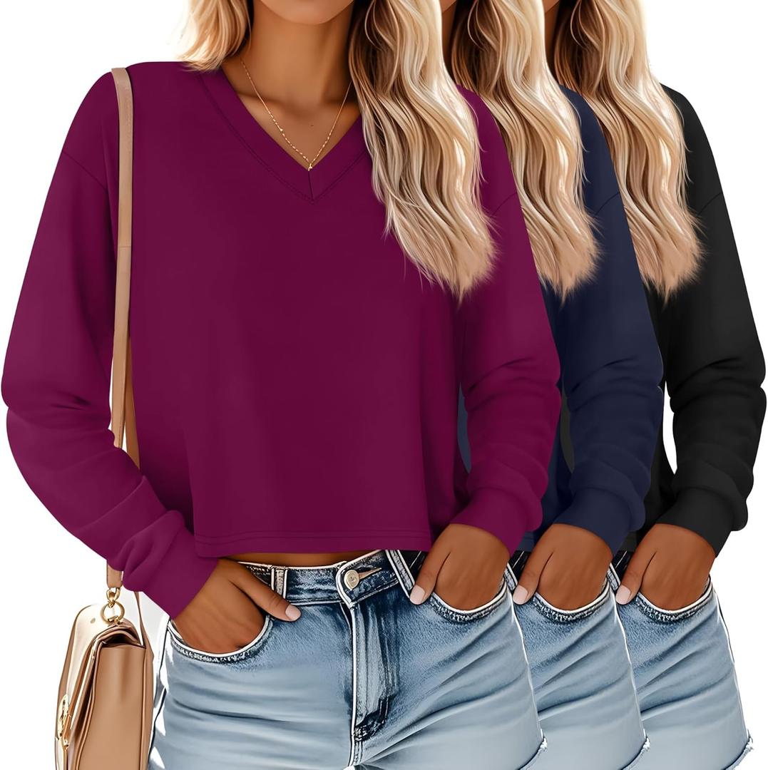 Ficerd 3 Pack Women's Crop Long Sleeve Tops V Neck Loose Cropped T Shirts Drop Shoulder Casual Basic Fall Winter Boxy Tees(Black, Navy Blue, Fuchsia, Small)