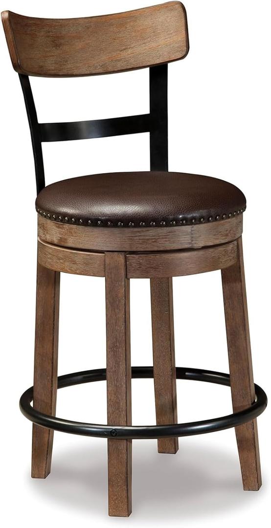 Signature Design by Ashley Pinnadel |24.25" Counter-Height Swivel Bar Stool  Modern Farmhouse, Faux Leather, 360 Swivel, Nailhead Trim, Rustic Light Brown
