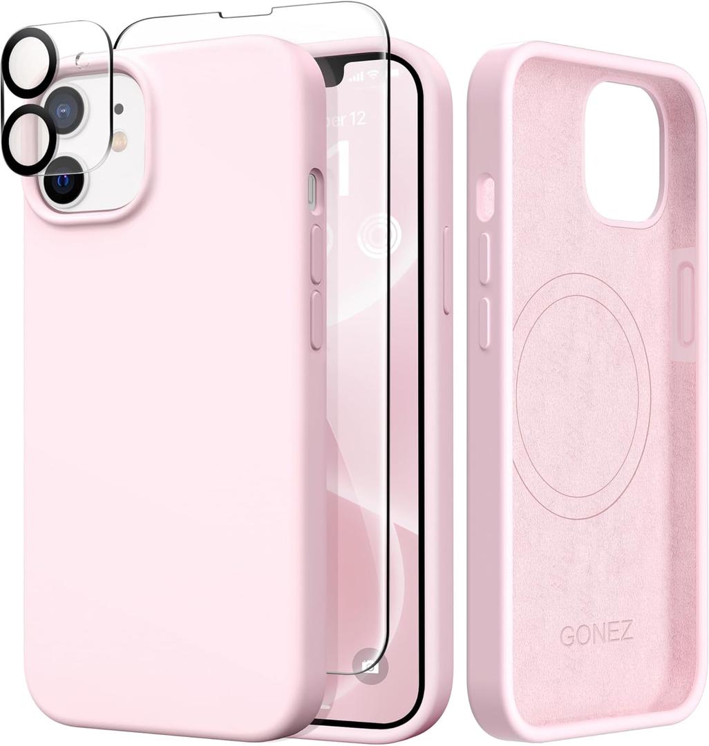 GONEZ Magnetic for iPhone 12 Case / 12 Pro Case, Compatible with MagSafe, [Screen Protector + Camera Lens Protector], Silicone Shockproof Anti-Scratch Protective Phone Case 6.1 Inch, Chalk Pink