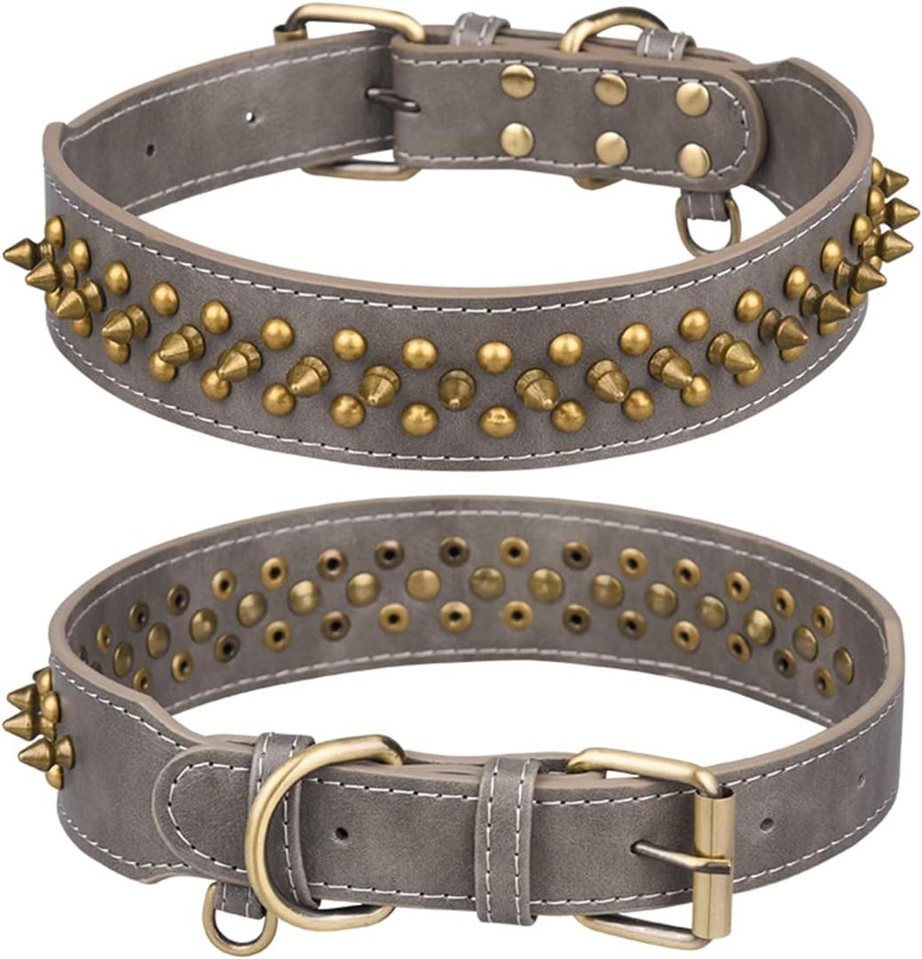 Spiked Studded Dog Collar, Adjustable Soft Leather Puppy Collar for Small Medium Dogs Bulldog Pitbull Mastiff Poodle Boxer (S, Grey)