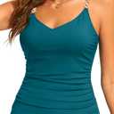 Tankini Tops for Women - V Neck Tummy Control Bathing Suit Top Only No Bottom (Blue, L)