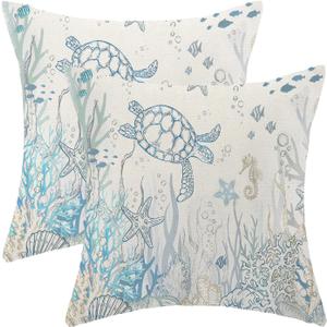 Summer Coastal Pillow Covers 18x18 Pack of 2 Ocean Themed Turtle Coral Starfish Seashell Throw Pillow Covers Outdoor Decoration, Beachy Nautical Decor Linen Decorative Cushion Case for Home Sofa