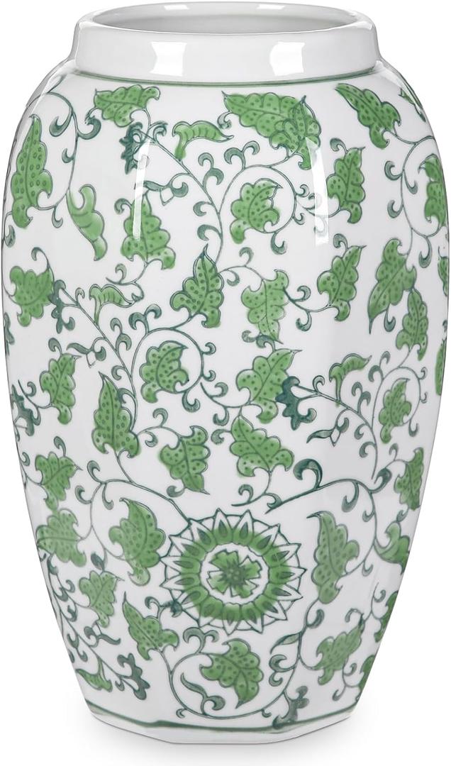 Yellow Vase 8.5 Inch Traditional Chinoiserie Floral Vase Porcelain Ginger Jar Octagonal Vases Blue and White Porcelain Decor for Home, Living Room, Kitchen, Mantel, Shelf, Table
