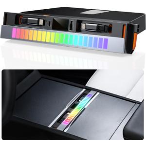 USB Hub for Tesla Model Y Juniper 2025 2026 Model 3 Highland 2024 2025, 116W Dual Type-C RGB Ambient Light Docking Station with Sliding Cover Multi Ports Retractable Cable fit Center Console