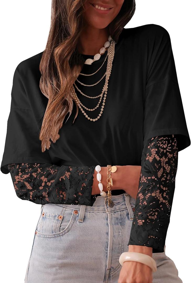 LOLONG T Shirts for Women Fall 2025 Long Sleeve Lace Patchwork Crew Neck Tops Casual Tees (Large, Black)