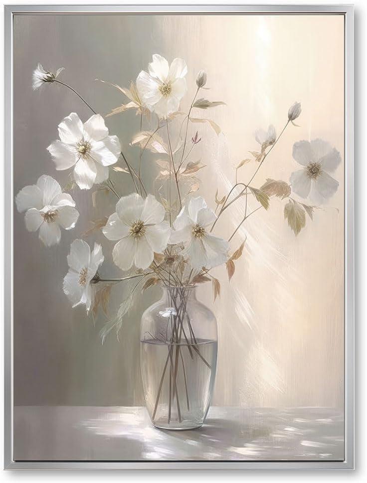 daktenn Silver Framed Canvas Wall Art Floral Picture Wall Decor for Bathroom Wall Art Bedroom Framed Artwork for Wall Decorations prints (Silver Framed, 18x24)