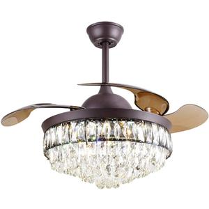 42 inch Crystal Ceiling Fan with Lights and Remote Control Brown Finish, Modern Chandeliers Ceiling Fans with Retractable Blade 3 Color 3 Speed LED Fandelier for Dining Room Living Room