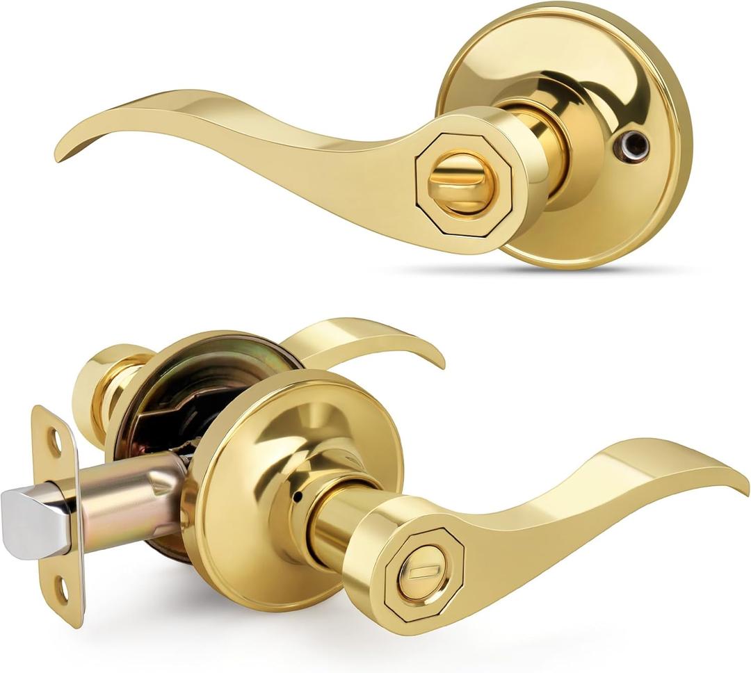 LOQRON Privacy Wave Style Gold Door Handles (No Key) Interior for Bathroom and Interior Closet, Polished Gold Door Lock with Reversible Lever, Polished Brass,1 Pack